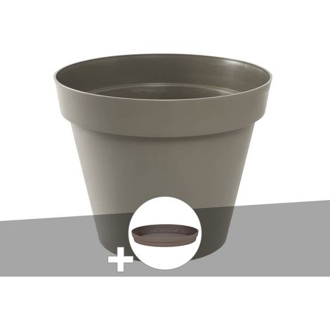 Pot de fleur rond Toscane Ø 80 x H.66 cm Taupe + Soucoupe - Eda (1/2)
