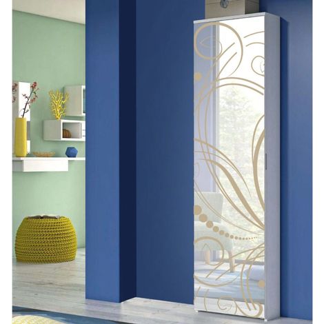 Scarpiera Fari 1 anta battente a specchio in finitura Bianco con anta decorata floreale beige (1/4)