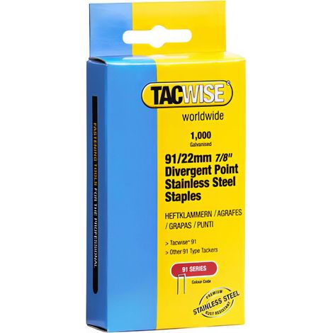 Boîte de 1000 agrafes pointes divergentes en acier inoxydable à couronne étroite type 91 L.22 mm - TA-1070 - Tacwise