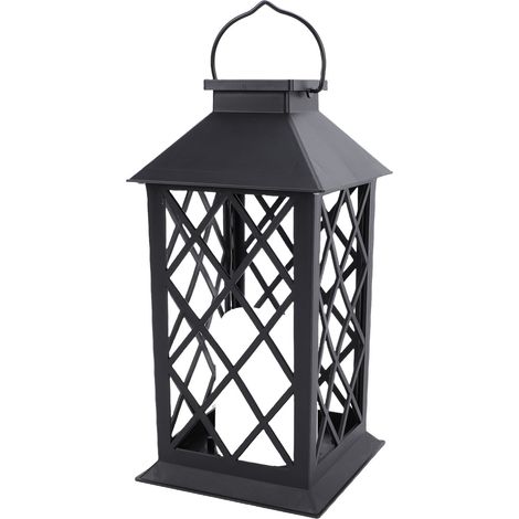 Lanterne Solaire Bougie LED Sans Flamme Étanche Design Vintage Automatique Noir Plastique 32cm pour Jardin Extérieur