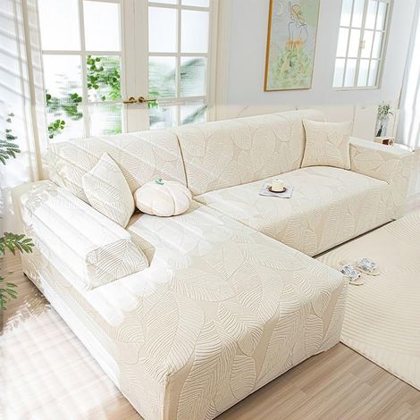 Housse pour canapé d'angle en L, housse de canapé avec accoudoirs, housse de canapé extensible universelle, housse de canapé lavable et antidérapante (Beige, 235 cm – 300 cm)