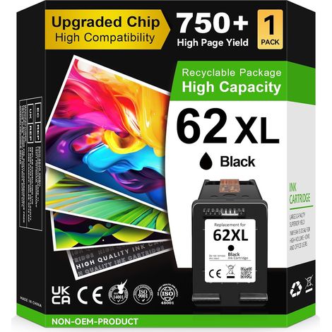Cartouche 62 XL, Encre 62 XL Noir Remplacement pour Cartouche Encre HP 62 Noir, Cartouche Imprimante 62XL pour OfficeJet 200 250 5742 5740 Envy 7640 5540 5640 5544 5646 5548 5545 5547 (1/5)