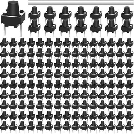 Confezione da 150 mini interruttori a pulsante momentanei a 2 pin. Dimensioni: 6 x 6 x 7 mm. Kit combinato on/off con filo di saldatura per pannello, circuito stampato o fotocamera.