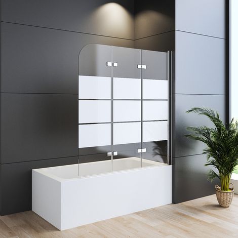 Duschwand für Badewanne 140x140cm Badewannenaufsatz 3-teilig Duschtrennwand für Badewanne Duschwand Badewanne Faltwand Duschabtrennung Badewanne, 6mm ESG Glas mit Milchglas Streifen