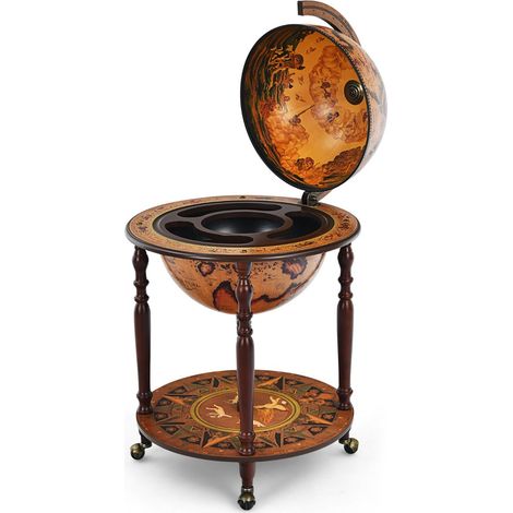 lot de 1 bar globe rétro avec roulettes dimensions 45 x 60,5 x 95,5 cm rangement pour vin en MDF marron