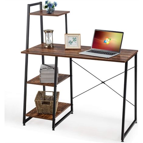 COSTWAY Bureau d'Ordinateur avec 4 Étagères de Rangement Bureau Informatique Cadre Métal en Forme de X Patin Réglable 98 x 50 x 118CM pour Bureau,Domicile (Marron Rustique)