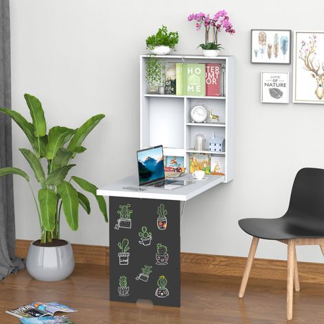 Bureau Mural Pliable Table Murale Rabattable Suspendue sur Pied étagère + Tableau à Craie intégré MDF Blanc