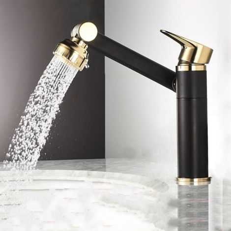 Robinet de cuisine pliable, robinet d'eau chaude et froide pour évier de cuisine, robinet pliant créatif rotatif tout en cuivre - (or noir) (1/5)