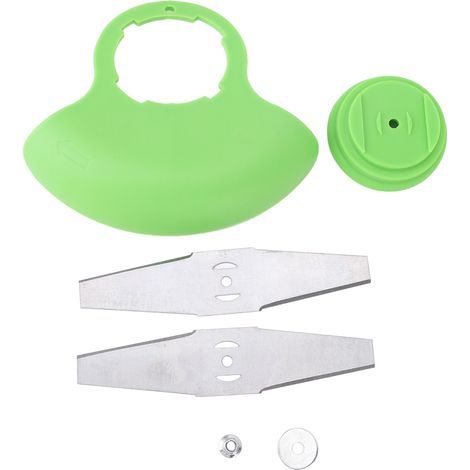 2-piece electric weed trimmer with straight blades, deflector, base, washer nut, lithium-ion battery, and lawn trimmer accessories. (1/5)