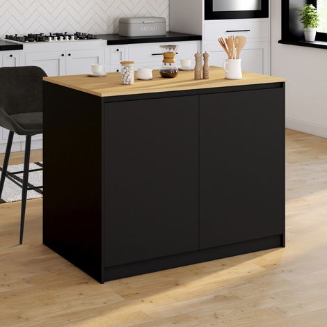 CESAR 110 cm isla central con estante rectangular extraíble en madera negra y aspecto de haya