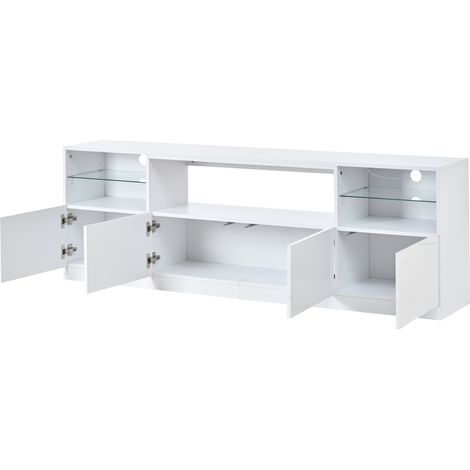 Meuble TV blanc brillant, 180x35x60 cm, LED, 4 portes, 8 compartiments, pour TV 75 pouces, salon ou salle à manger (1/5)