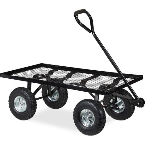 Relaxdays Handwagen flach, Garten, mit Luftbereifung, HxBxT: 34,5 x 51 x 96 cm, bis 200 kg, Stahl Bollerwagen, schwarz (1/5)