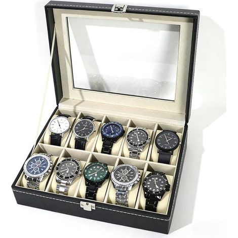 Coffret à bijoux - Boîte à montres - Coffret à bijoux pour adultes - Boîte à montres pour hommes - Étagère à 1 niveau pouvant contenir 10 montres - Boîtier noir (1/5)