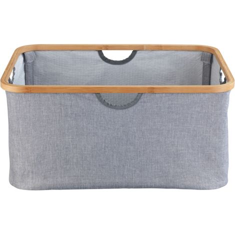 Panier de rangement pliable , Rangement buanderie, Rebords en bambou, Peu encombrant, Capacité 50L, Polyester et Bambou, 54x36x26 cm, Gris et bois (1/5)
