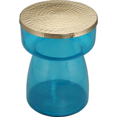 Table dappoint rétro en verre bleu et plateau doré - bleu lagon et doré martelé (1/5)
