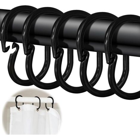 Set mit 24 C-förmigen Duschvorhangringen, für Duschvorhangstangen und Eckduschvorhangstangen (Schwarz) (1/4)