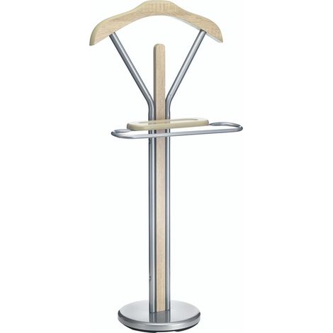 Idimex – Valet de chambre en métal laqué aluminium et MDF chêne sonoma – Cintre pour veste et chemise – Tablette vide-poche pratique