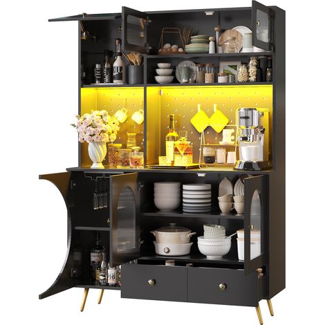 CHICFURN Credenza alta 120x40x176 cm in MDF, metallo e vetro nero con LED, USB e prese (1/5)