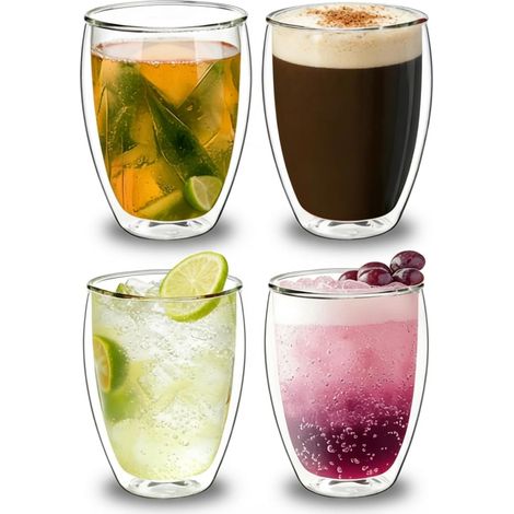 Lot de 4 Tasses, Verre double paroi, 400 ml, Isotherme, Café, Thé (1/5)