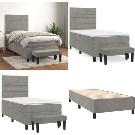 Cama box spring con colchón terciopelo gris claro 90x190 cm - Colchón de muelles - Cama con cabecero ajustable