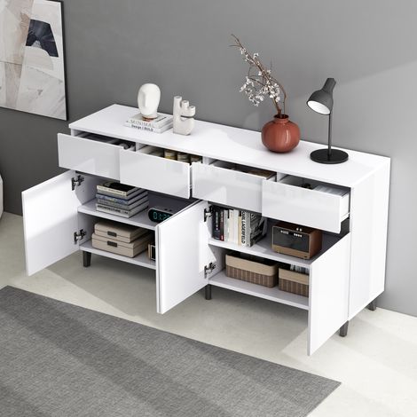 Meuble TV haut brillant, buffet avec 4 tiroirs, 2 portes et étagères réglables, commode élégante, meuble de rangement moderne, armoire basse brillante, meuble d'angle multifonction, finition laquée bl (1/5)