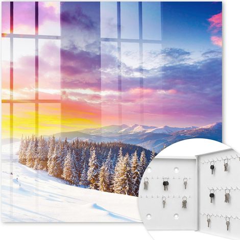 Armoire à clés - (30 cm x 30 cm) - Boîte à clés murale - Coffret de rangement pour clés - Couleur blanche - Ouverture vers la droite - Pour maison et bureau - coucher de soleil d'hiver