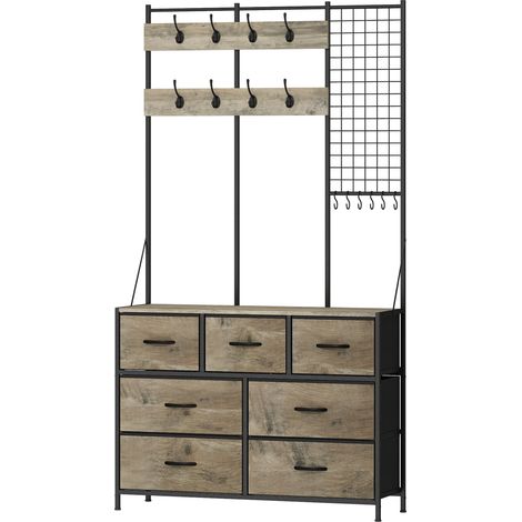 Porte-manteau 4 en 1 gris effet bois - Meuble d'entrée avec 7 tiroirs pliables en tissu, 14 crochets et panneau grillagé - Pour couloir, entrée - Design pratique (1/5)