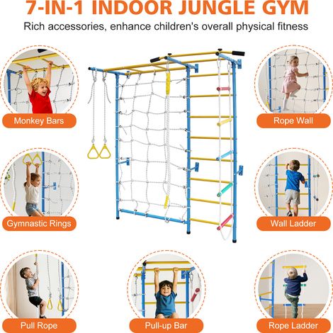 Structure d'escalade indoor 7-en-1 pour enfants avec barre de traction, échelle suédoise en acier carbone, anneaux de gymnastique et corde (1/5)