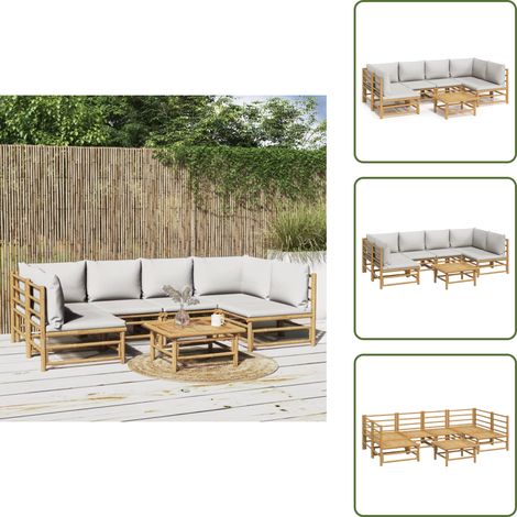 Cojines para sofás - vidaXL Set de muebles de jardín 7 piezas bambú y cojines gris claro - Muebles de bambú