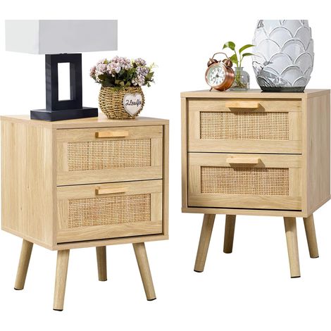 Lot de 2 tables de chevet, tables d'appoint avec 2 tiroirs décorés à la main en rotin, en bois, avec rangement pour chambre à coucher, naturel (1/5)