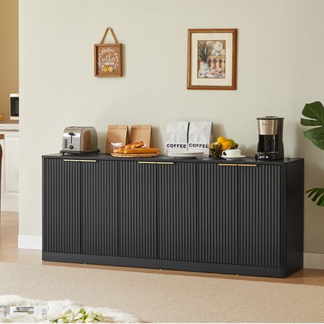 Buffet 170x40x70.5 cm noir en MDF avec 6 portes et façade ondulée (1/5)