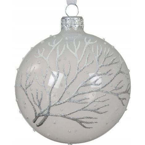 Boule de Noël en verre 8cm avec branche argentée pailletée 1 pc. (1/3)