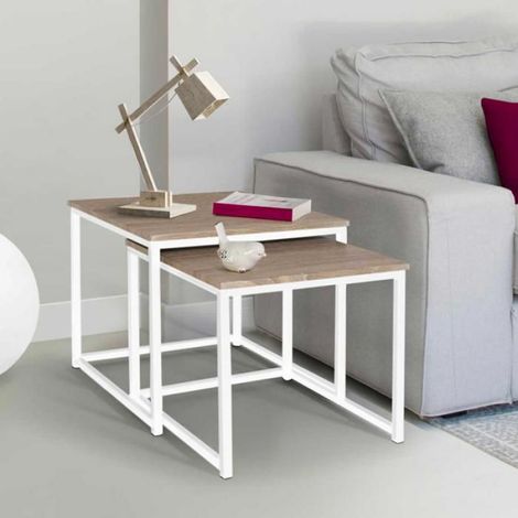 Lot de 2 tables basses gigognes DETROIT 40/45 design industriel bois et métal blanc (1/4)