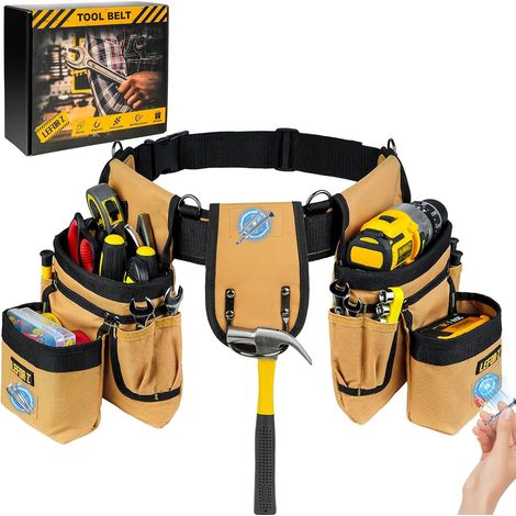 Werkzeuggürtel mit 27 Taschen, abnehmbarer und verstellbarer magnetischer Werkzeugtasche mit 4 D-Ringen, robuster, gepolsterter Werkzeuggürtel für Männer, Elektriker, Zimmerleute und Bauarbeiter (1/5)