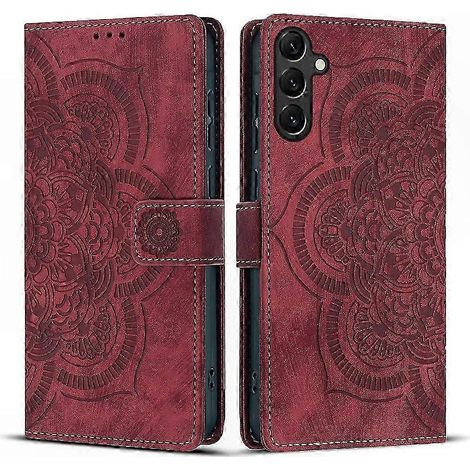 Coque rétro en cuir givré, motif mandala gravé, étui téléphone élégant, finition givrée, protection robuste, design vintage, pochette cuir texturé pour smartphone. (1/4)