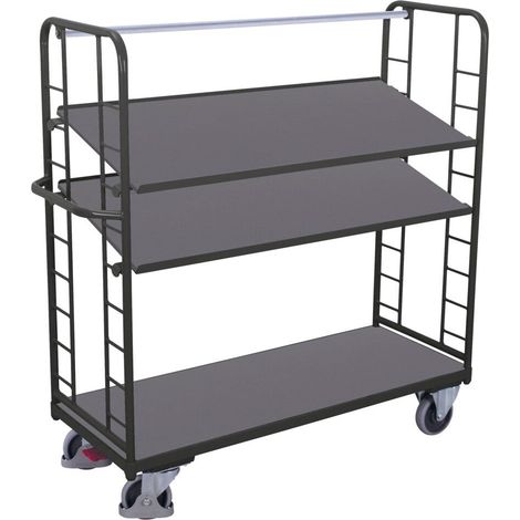 VARIOfit Etagenwagen mit Seiten aus Drahtgitter, Rohrschiebegriff und 2 neigbaren Etagenboden 1355x550mm Anthrazitgrau RAL 7016