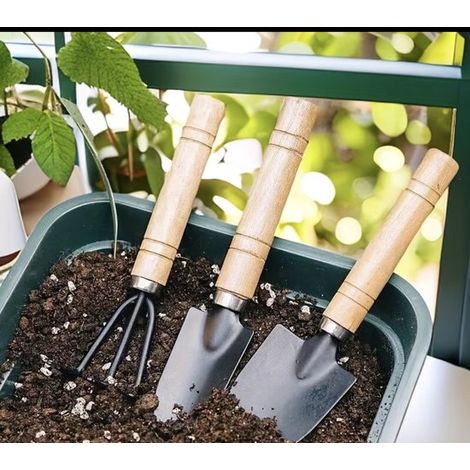 Juego de 6 herramientas de jardinería: rastrillo, horquilla y paleta de mano, con mango de madera, compacto y duradero, ideal para jardín (1/5)