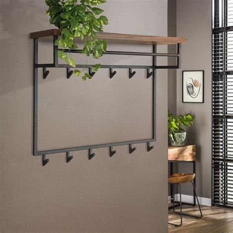 Industrielle Garderobe aus Metall mit 12 Haken aus Walnussholz,