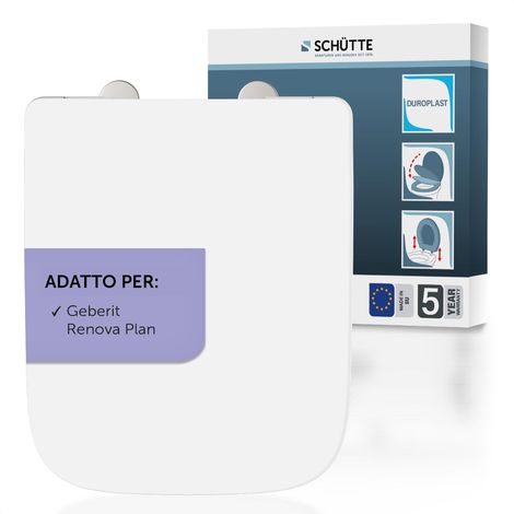 SCHÜTTE Sedile WC adatto per Geberit Renova Plan, con abbassamento automatico, made in EU, coperchio rimovibile in termoindurente infrangibile, coperchio WC e occhiali fino a 250 kg, bianco (1/5)