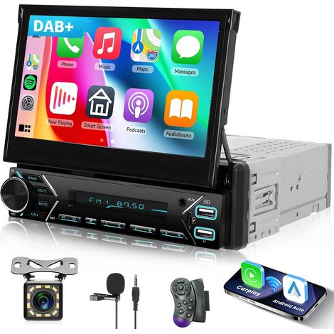 1 DIN Autoradio avec sans Fil Carplay Android Auto, 7 Pouces Motorisé Flip Out Écran Tactile Poste Radio Voiture avec Bluetooth 1 DIN FM MP5 Lien Miroir/USB/AUX/Type-c/SWC+Caméra Recul (1/5)