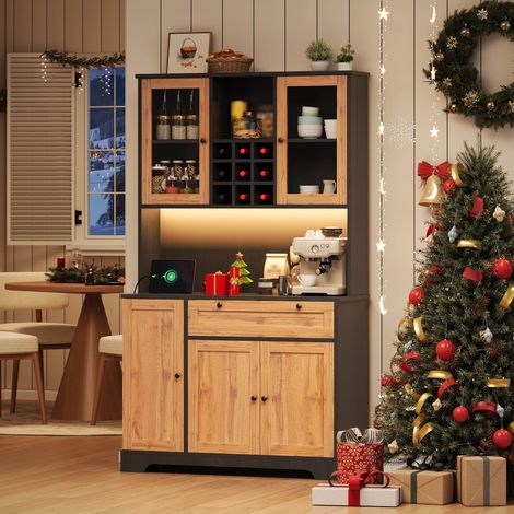 Buffet de Cuisine Haute 180cm Meuble de Rangement avec Éclairage LED, Prises Intégrées et Étagères Réglables - Noir et Bois Naturel (1/5)