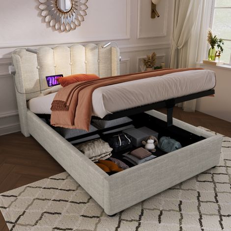 MEUBLIV Einzelbett 90x200 cm Beige – Stauraum, USB und Leselampe, mit Matratze (1/5)