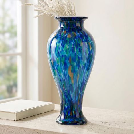 Grand vase en verre soufflé à la main de 50,8 cm de haut, vase en verre soufflé à la main, décoration d'intérieur, vases modernes à fleurs vert foncé, grands vases pour salon, décoration de (1/5)