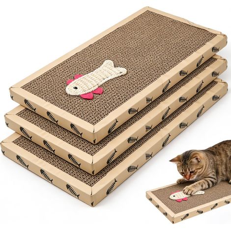 Griffoir pour chat en carton ondulé avec motif poisson et sisal, tapis à gratter antidérapant, durable, 42x21 cm