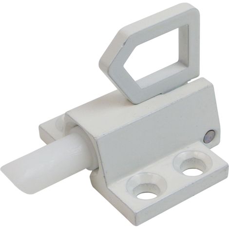 Loquet à soufflet en aluminium – Tige nylon 21mm avec ressort inox – Finition blanche RAL9016 – Fixation par 4 vis – Arlu