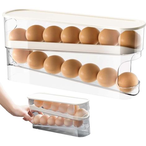 Distributeur Oeufs - 14 Œufs - Plastique PET - Rangement Coulissant Automatique - Pour Réfrigérateur - Transparent