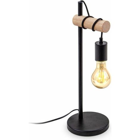 Lampe de chevet industrielle rétro en bois et métal, éclairage design pour salon ou chambre, applique de table avec douille E27, finition noire, style vintage (1/3)