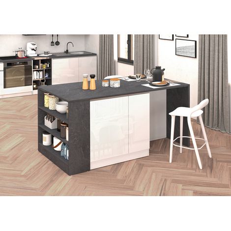 Îlot de cuisine moderne 168 cm blanc brillant/béton Solena (1/5)