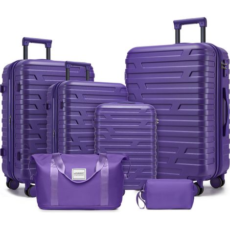 Lot de 6 valises avec sacs de voyage, valises rigides extensibles à roulettes multidirectionnelles, violet raisin (1/5)