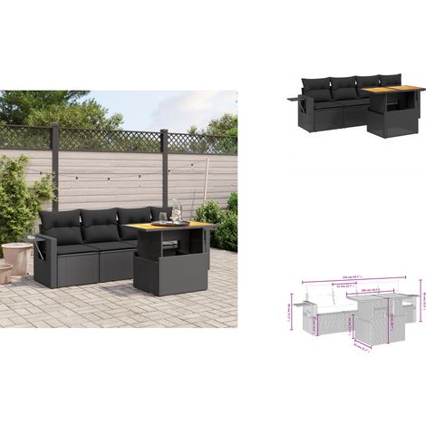 The Living Store Salon de jardin 5 pcs avec coussins noir résine tressée - Meuble extérieur (1/3)